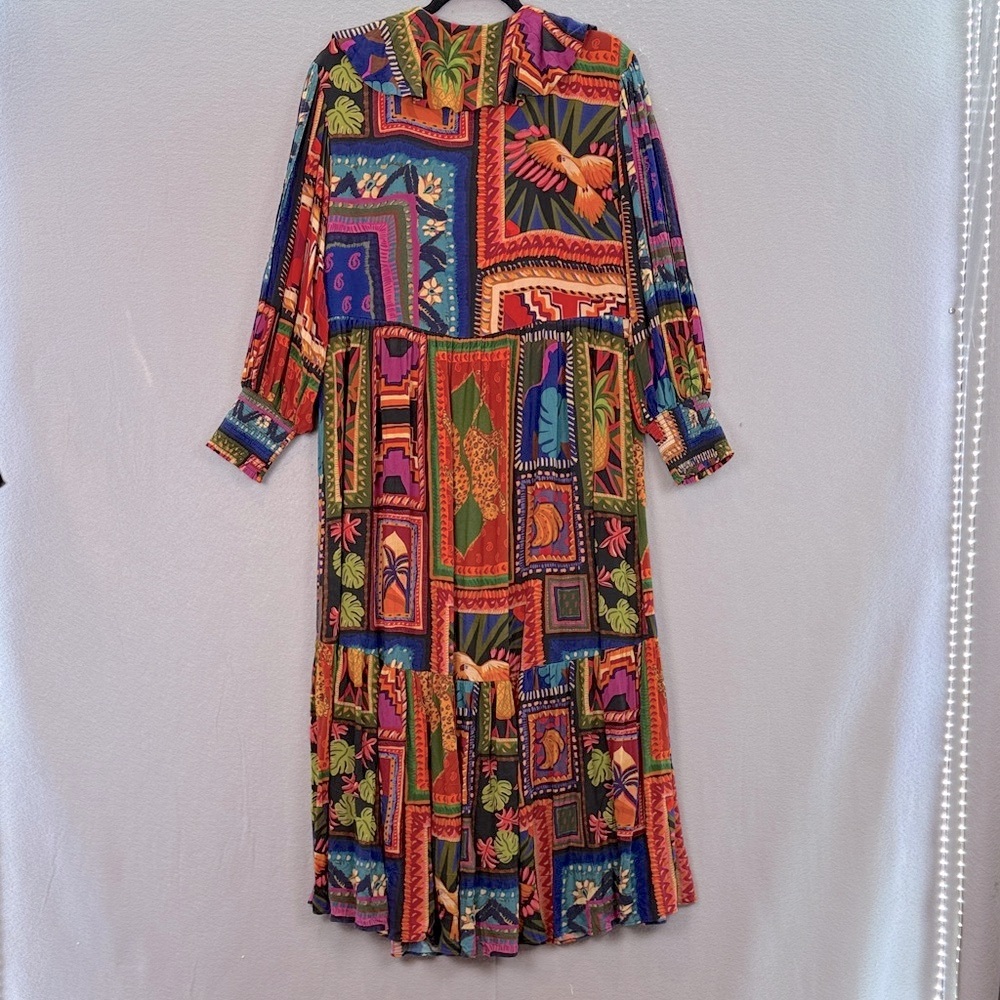 Farm Rio women’s Patchwork Tapestry ankle maxi Dress ruffle V-neck‎ tiered red M - Picture 11 of 11